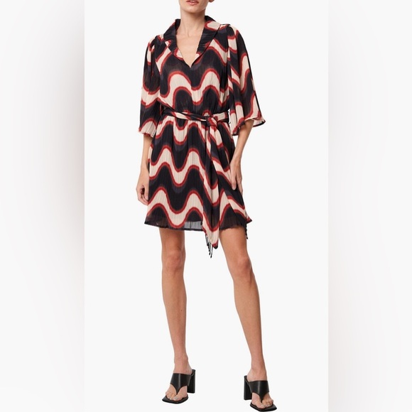 Ceibon Juni Wave Print Dress Black Cream Rust Pleated Shawl Collar Bell Sleeve S - Picture 1 of 13